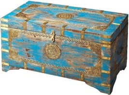 Storage Trunk Blue Distressed Gold Acid Wash Artifacts Mango Brass - $1,409.00