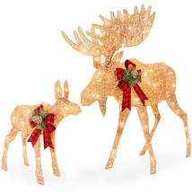 Lighted Moose Family 2-Piece Christmas Yard Decor Set 170 LED Lights Stakes Gold - £110.39 GBP