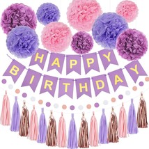 Purple Pink Birthday Party Decorations Set with Happy Birthday Banner Tissue Pap - £19.71 GBP