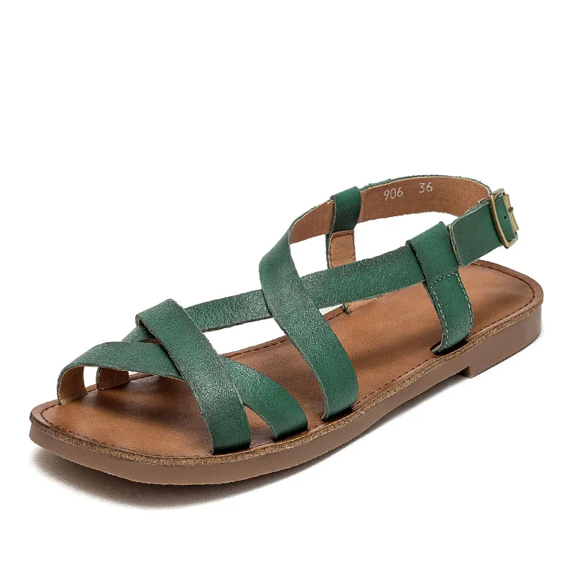 Literary Style Women Sandals Summer Cross Genuine Leather Open Toe Flat Sandals  - £56.79 GBP