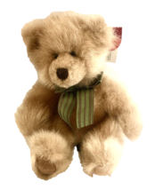 Barrington Russ Berrie Plush Teddy Bear Antique Gold Green Neck Bow 10 Inches - £16.96 GBP