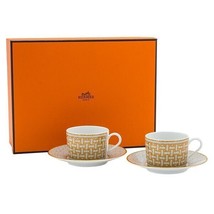 Hermes Mosaique Au 24 Tea Cup and Saucer 2 set gold porcelain coffee 160 ml - £441.94 GBP