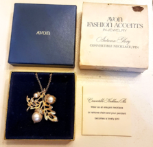 Avon Autumn Glory Acorn Pin/Pendant Necklace Gold Tone Chain Faux Pearl 1973 VTG - $29.62