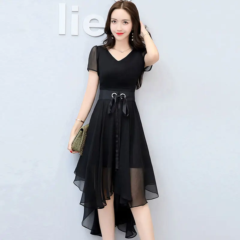 Lady Chiffon Solid Color V-neck Short Sleeve Skirts Elegant Fashion Empire Sashe - £53.82 GBP