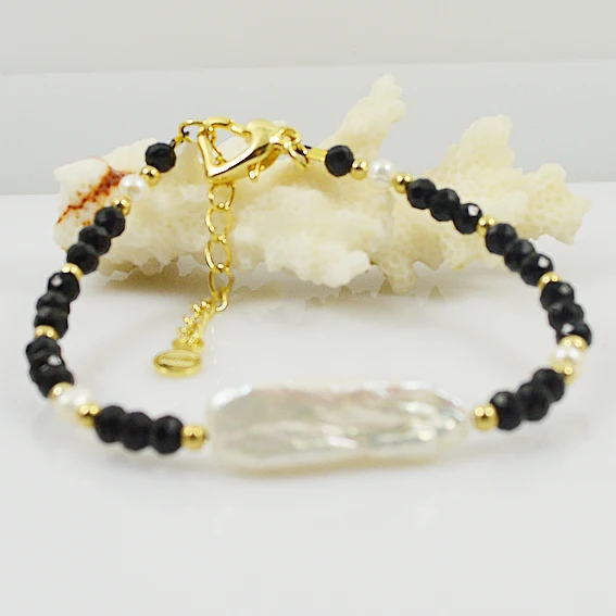 Pearl anklet bracelet real baroque freshwater pearls black crystal beads gold filled 24 thumb200