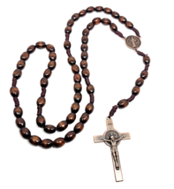 Rosary Bead Crucifix Necklace Dark Wood Tone Saint Benedict Catholic Jewellery - £7.98 GBP