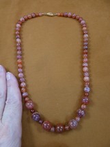 (v716) Orange red white Fire Agate beaded gem gemstone bead 20&quot; long Necklace - £46.58 GBP