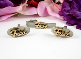 Fred Name Tie Clasp Clip Cufflinks Vintage Set Gold/ Silvertone Frederick Swank - £19.35 GBP