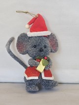 Vintage Sydney Morgan Flocked Ornament Mouse Santa Hat Present 4&quot; - £6.76 GBP