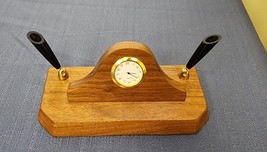 Quartz Clock Desk Set Walnut Wood 2 Gold Tone &amp; Black Pen Holders - £8.91 GBP