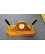 Quartz Clock Desk Set Walnut Wood 2 Gold Tone &amp; Black Pen Holders - £8.95 GBP
