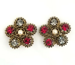 Vintage Faux Pearl Red Grey Rhinestone Flower Antique Gold Tone Clip On Earrings - £13.43 GBP