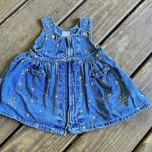 Vtg Baby Gap Blue Denim Overalls Jumper Dress Embroidered Snowflakes Zipper 3-6M - £11.69 GBP