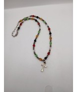 Sterling Silver &amp; Multicolor Beaded Necklace with Cross Pendant - €30,25 EUR