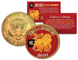 2016 Chinese New Year Year Of The Monkey 24K Gold Plated Jfk Half Dollar Us Coin - $8.56