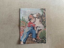 Vintage Needlepoint Tapestry: Boy and Dog, Hand-Embroidered Art - $20.00