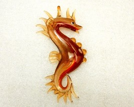 Red &amp; Amber Glass Seahorse Pendant, Gold Glitter, Vtg. Fashion Jewelry, #JWL-142 - $12.69