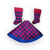Red &amp; Blue Buffalo Plaid Christmas Tree Skirt &amp; 2 Matching Christmas Sto... - £23.68 GBP