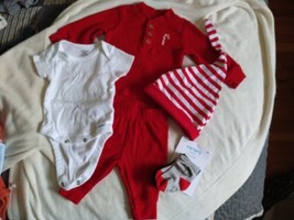 5 piece Christmas newborn baby set hat candy cane shirt pants 2 pair socks - £11.24 GBP