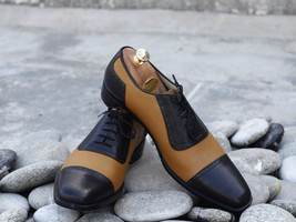 Handmade Men&#39;s Tan Black Leather Cap Toe Lace Up Shoes, Men Designer Dress Shoes - £115.87 GBP