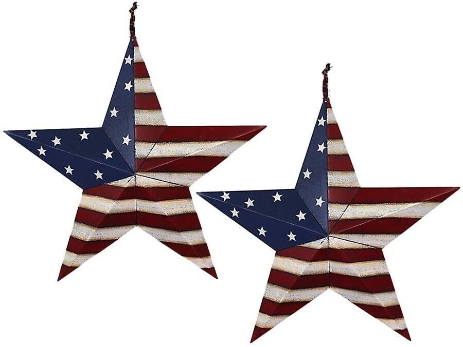 Primary image for 2pcs Patriotic Metal Barn Star Outdoor Indoor Hanging Wall Decor Star 12”x12”