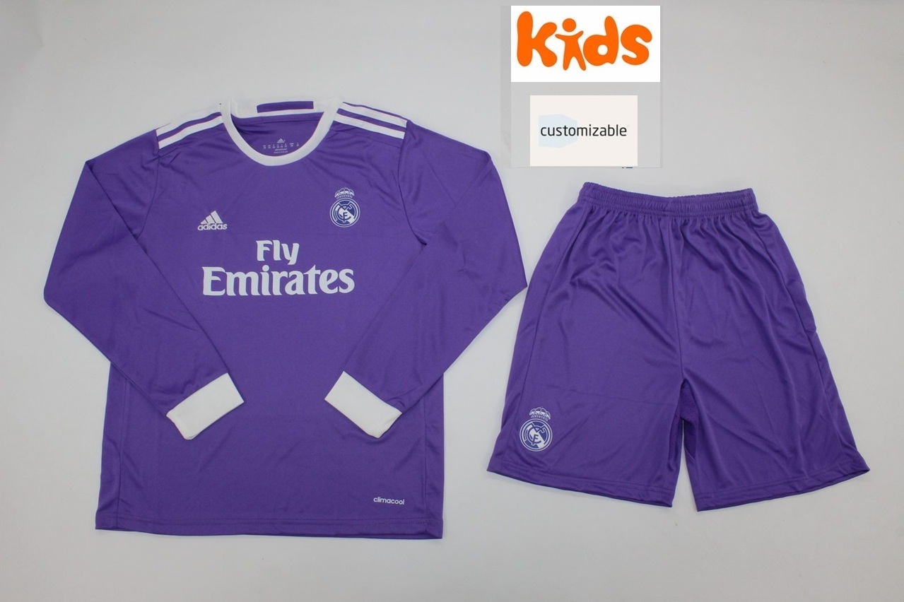 real madrid jersey 2016 2017 purple shirt KIDS KIT customizable long sleeve - $85.00