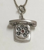Vintage I Love U You Telephone Silver Tone Charm Pendant Necklace - $24.74