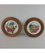 Summer Floral Embroidery Set Framed Round Wood Lot 2 Country Cottage Cor... - £25.91 GBP