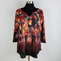 CJ Banks Womens 0X Brown Orange Split V-Neck Abstract Geometric Print Top - $19.79