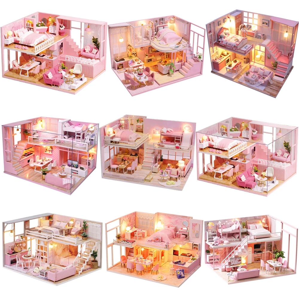 Diy Casa Wooden Doll House Miniature Building Kits Pink Princess Room Dollhouse - £32.28 GBP+