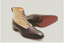 Ankle Dark Brown Color Beige Suede Leather Lace Up Men Leather Shoe - £126.00 GBP