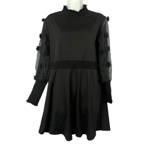 Black Long-Sleeve Dotted Mesh Knit A-Line Mini Dress LARGE - £14.38 GBP