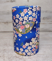 Japanese Blue Gold Pink Cherry Blossom Fan Tea Tin Canister Container 4.75&quot; - £5.67 GBP