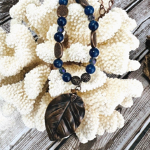 Blue Canadian Lapis Crystal Beads Necklace Antique Copper Leaf Pendant Handmade - £23.94 GBP