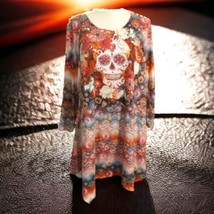 One World Skull Tunic L Top Sublimated Spooky Halloween Embellished Asym... - $32.65