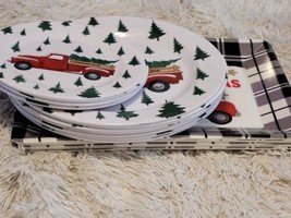 Christmas Plates And Platters Set 19 Plaid Red Truck Tree Melamine White... - $32.25