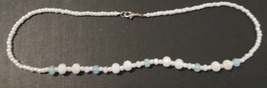 Beaded necklace, white, light blue; silver lobster clasp, 22.5 inches long - £18.08 GBP