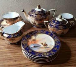 SUPERB NORITAKE COFFEE SET WITH HAND PAINTED CAMEL &amp; DESERT SCENES  - $349.00