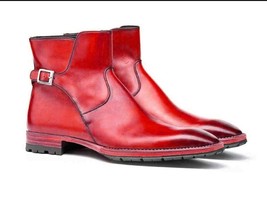 Bespoke Men&#39;s Handmade Red Color Genuine Leather Jodhpur Ankle High Boots, Weddi - £159.04 GBP