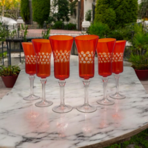 1980&#39;s Vintage Set 6 Champagne Goblets Glasses Red Glass Czechoslovakia ... - £211.36 GBP