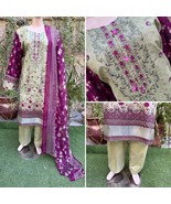 Pakistani Pista Green Printed Straight Shirt 3-PCS Lawn Suit w/ Thread w... - $56.43