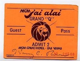 MGM Grand Hotel Jai Alai Fronton Pass Las Vegas Nevada 1980 - $34.61