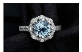 2 Ct Round Cut Aquamarine Created Cz Halo Vintage Engagement Ring in 925 Silver - £82.62 GBP
