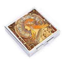 PILL BOX 4 Grid square mucha girl art nouveau 19e zodiac Stash Metal Case Holder - £12.50 GBP