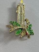 Vintage Gerrys Christmas Candle Brooch Pin Holly Sparkle Gold Tone Green... - $18.81