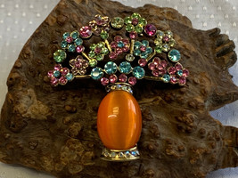 Floral Bouquet &amp; Vase Brooch Pin High Fashion Costume Jewelry Orange Cab... - £23.66 GBP