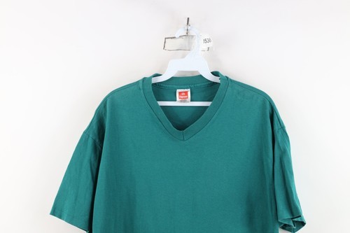 Vtg 90s Hanes Mens Medium Faded Blank Short Sleeve V-Neck T-Shirt Green Cotton Item image 2