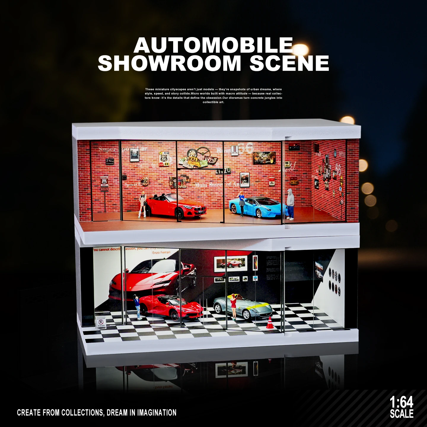 1/64 Auto Shop Miniature Scene Model Simulation Parking Lot with Lights ... - $42.75