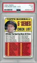 1969 Topps Checklist 426-512 w/ Mickey Mantle Baseball Card #412- PSA Graded 5 E - £86.46 GBP