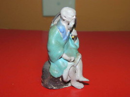 Chinese Mud Man Men 2.5&quot;+ Turquoise White seated Blue China Mudman Antique c1910 - $62.99